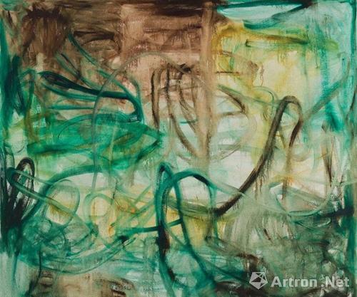 作品《绿色线条》(局部)2016 布面油画 250x270cm 摄影:鸟头 张恩利