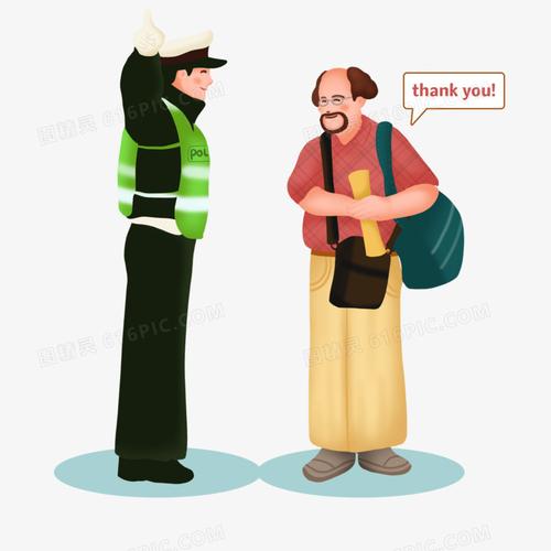卡通手绘外国游客向警察叔叔问路免抠元素