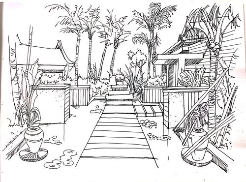 手绘线稿风景人物