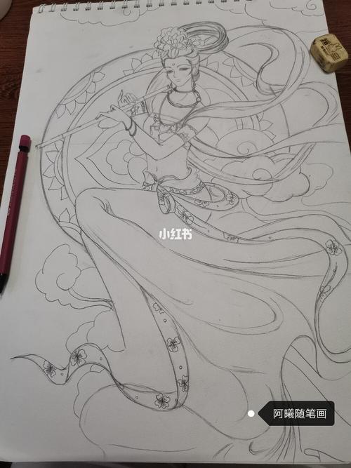 飞天舞.敦煌曲临摹系列铅笔初稿 . 萧_敦煌_临摹_铅笔