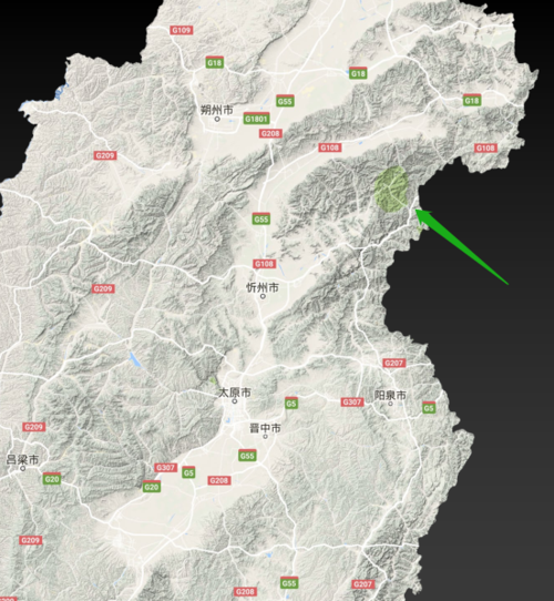 中条山再往北就是太行山和吕梁山,大家可以看到绿色的区域就是五台山
