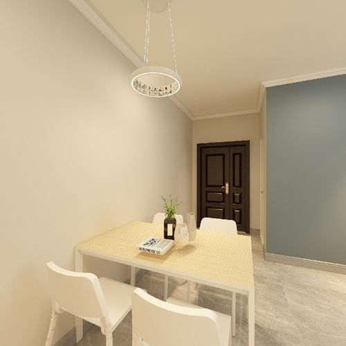 餐厅的餐桌椅,桌面是淡黄色,与整屋墙面颜色接近,椅子颜色是白色,搭配