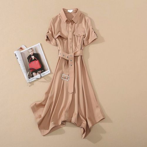 英伦风裙子20年夏季女装新品翻领单排扣系带收腰不