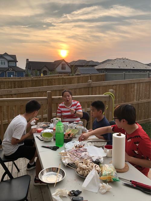 美丽的夕阳下一家人聚会吃烧烤美哉
