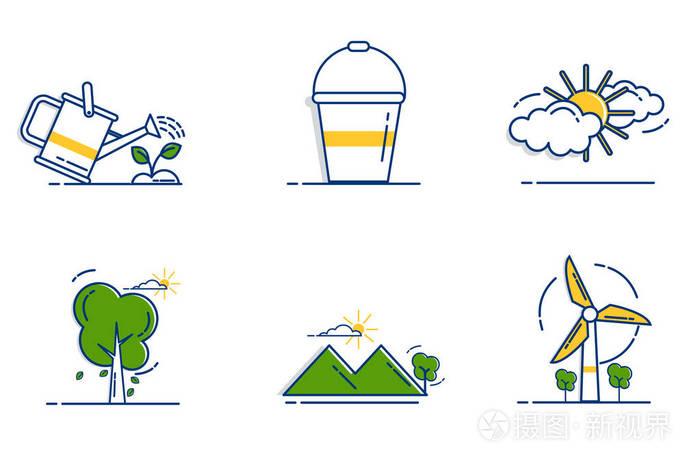 园艺图标设置花园花卉和春天图标设置轮廓填充风格