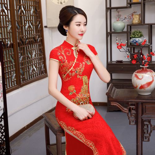 蕾丝钉珠大红旗袍敬酒服新娘中年旗袍裙新款祺包裙
