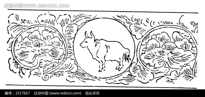 中国古典图案-牛和花朵叶子_传统图案_红动手机版