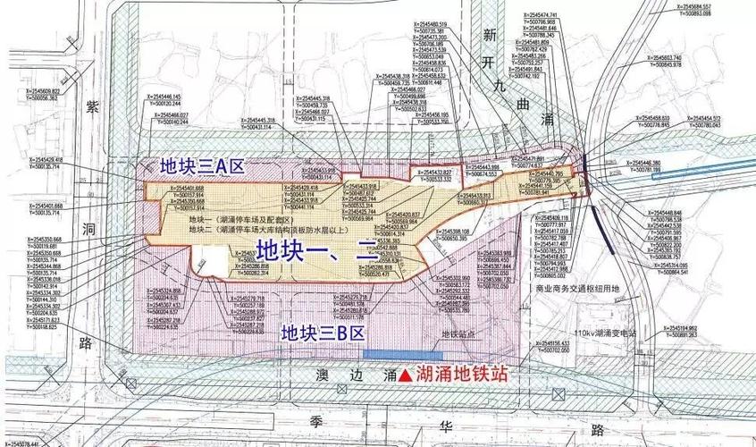地块分区示意图  地块一:为地铁湖涌停车场及配套区,土地用途为交通