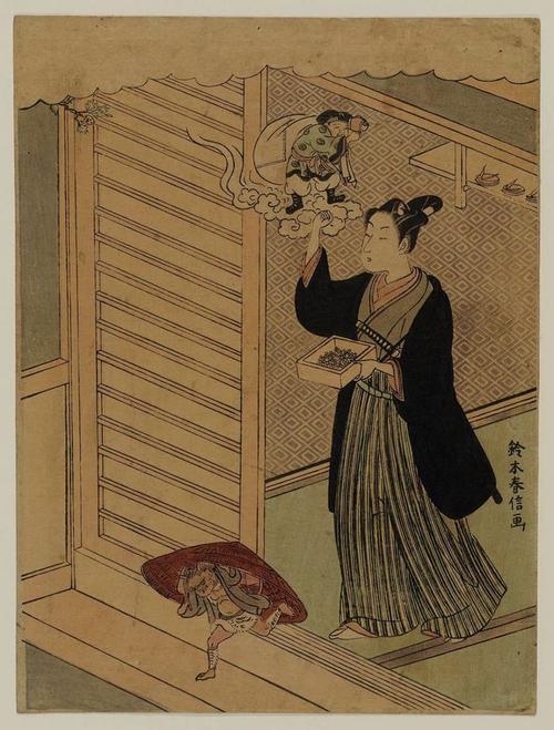 铃木春信 suzuki harunobu, young man throwing beans at setsubun