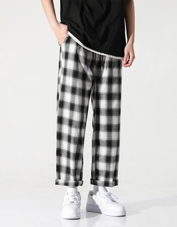 格子裤男黑白条纹裤方格裤子棋盘网格宽松显瘦直筒b百搭裤子格子s