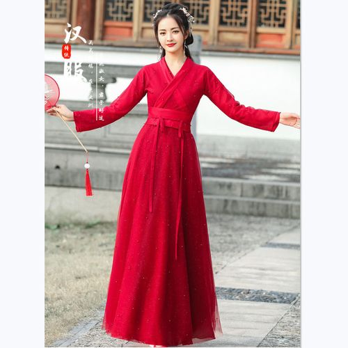 大红色汉服女古风飘逸改良版连衣裙中国风原创正品春秋超仙气古装