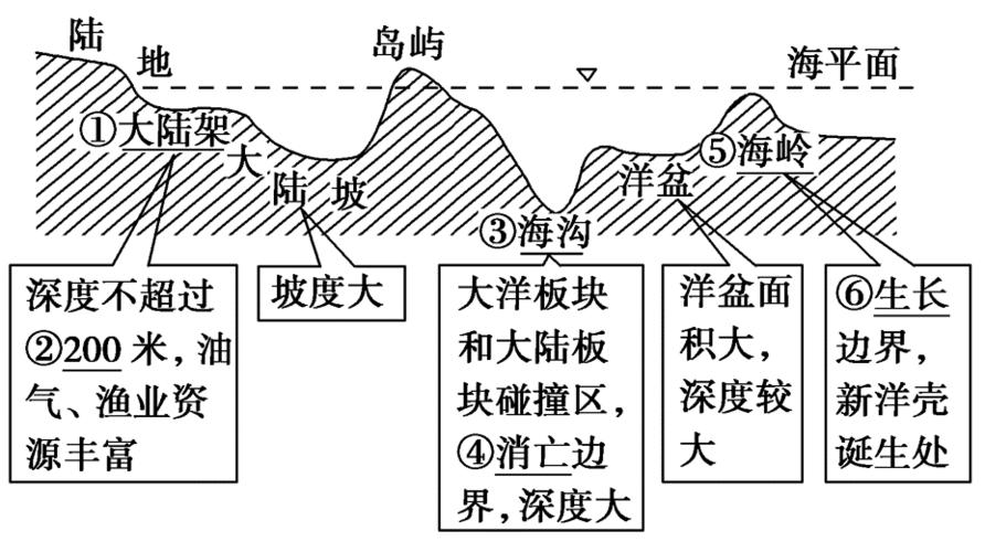 3.海底地形类型与特征2.七大洲的主要地形特征1.