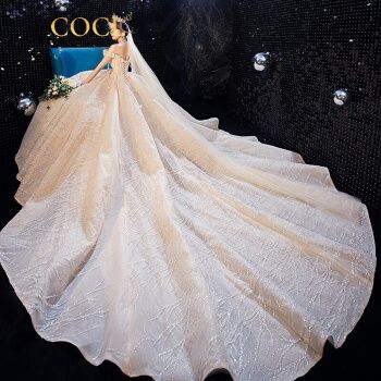 主婚纱2019新款赫本风女神新娘小个子一字肩奢华大拖尾香槟色森系礼服