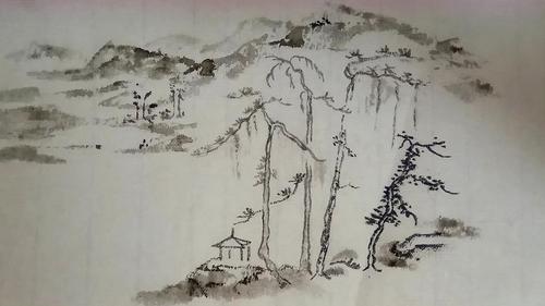 国画山水,江边的树木,虚实呼应