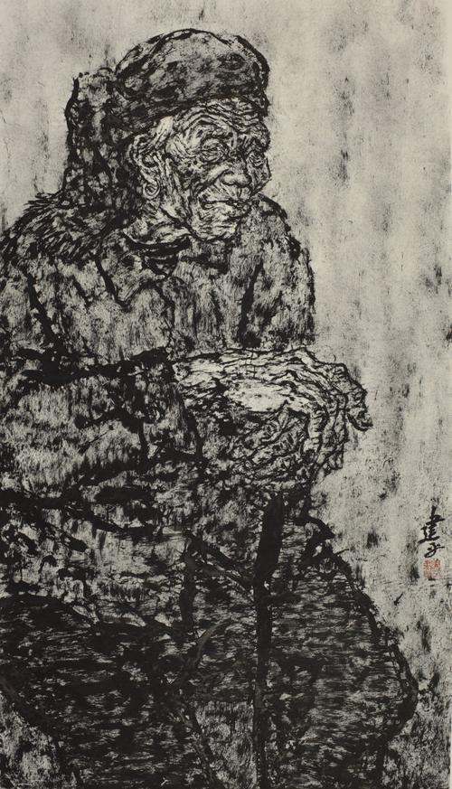 焦墨作品·老人和牛·2014