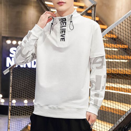 2021春秋装新款男士加绒加厚卫衣白色立领潮流ins百搭