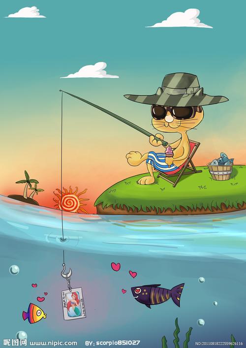 酷猫 漫画 钓鱼 手绘原创图片