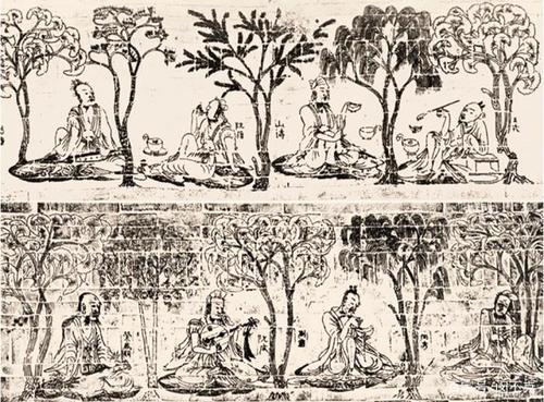 "竹林七贤"砖画,描绘了七贤的纵情任性,表现的是魏晋