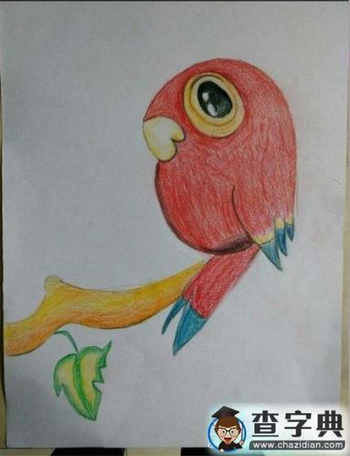 儿童画 铅笔画 红色的小鹦鹉可爱动物彩铅绘画作品欣赏