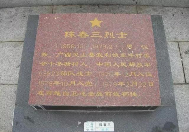 【广西灵山县烈士陵园陈春三"衣冠冢"墓碑】   参战牺牲