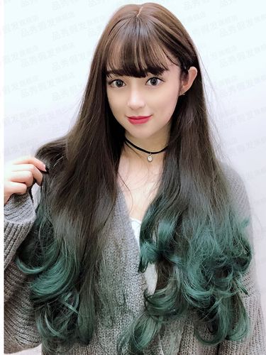 2020最洋气的卷发长发,气质长发大卷 渐变色假发洋气孔雀绿女长卷发大波浪圆脸网红可爱长发接发假发套