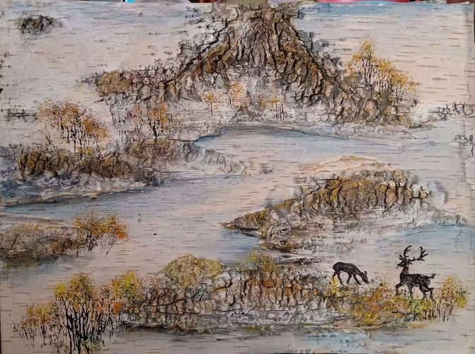 请欣赏手绘树皮画