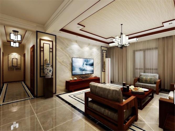 客厅顶面吊顶用木条贴边,藏灯带,做比较中式复古的造型.