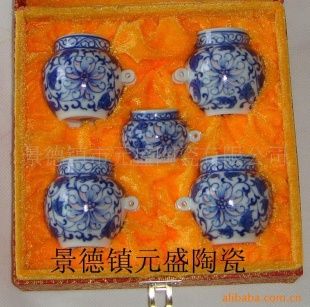 供应 景德镇陶瓷手绘青花仿古鸟食罐画眉缸(五件套)