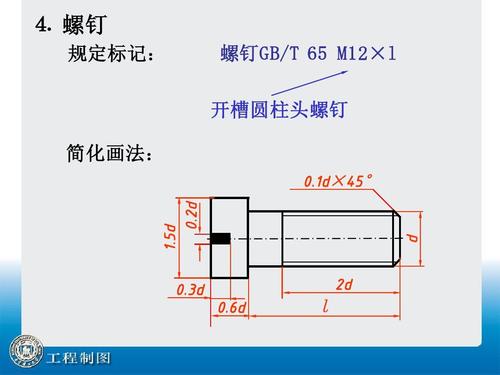 规定标记: 螺钉gb/t m12× 螺钉gb/t 65 m12×l 开槽圆柱头