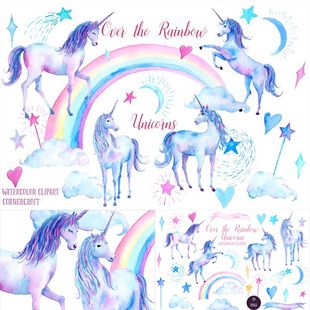 梦幻手绘水彩彩虹独角兽星星月亮云朵手杖插画png免抠设计素材