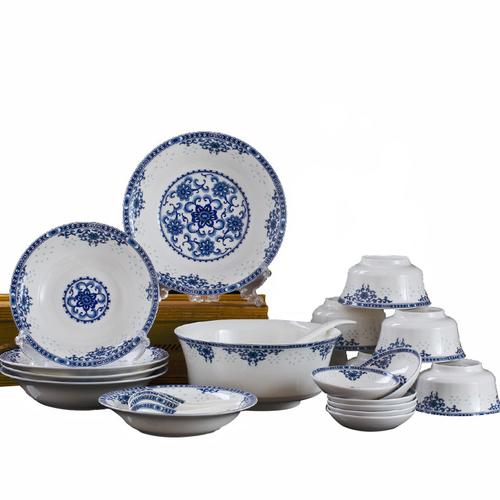 景德镇 陶瓷釉中彩青花餐具 碗盘碟套装礼品套装26头青花玲珑之心