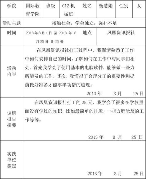 2012届金陵科技学院暑期社会实践鉴定表