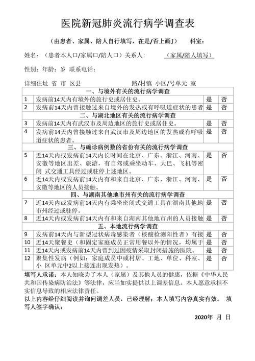 医院新冠肺炎流行病学调查表