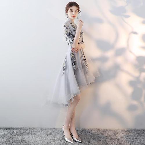 宴会小晚礼服裙2019新款洋装端庄大气前短后长中式中国风女伴娘服