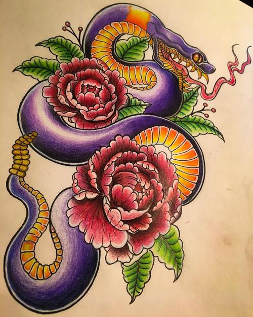 祝先生传统牡丹蛇纹身手稿