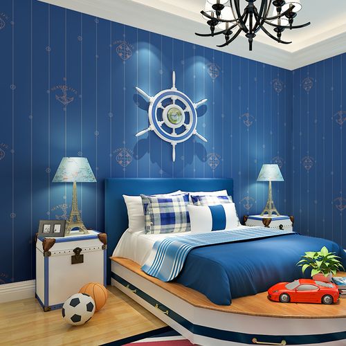 儿童房壁纸男孩女孩卧室地中海风格蓝色加厚环保无纺布墙纸海盗船