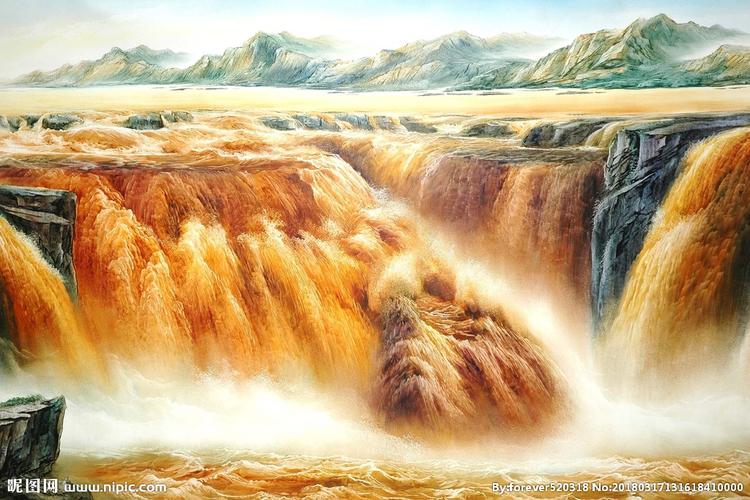 新中式手绘油画黄河壶口瀑布背景图片