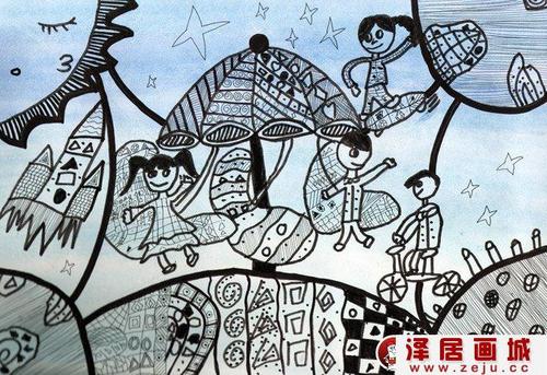黑白简笔钢笔科幻画:一起去太空游乐场--金鹰杯儿童画