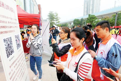 志愿者在扫描惠州文明网二维码参与网络文明传播活动.