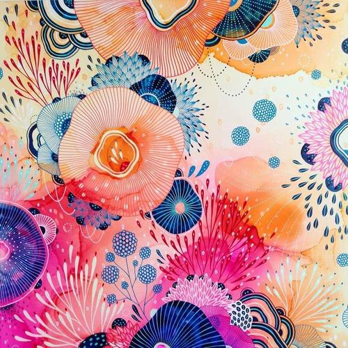 写美篇水彩线描装饰画 唯美的色调,营造出一种 像珊瑚,水母,海藻