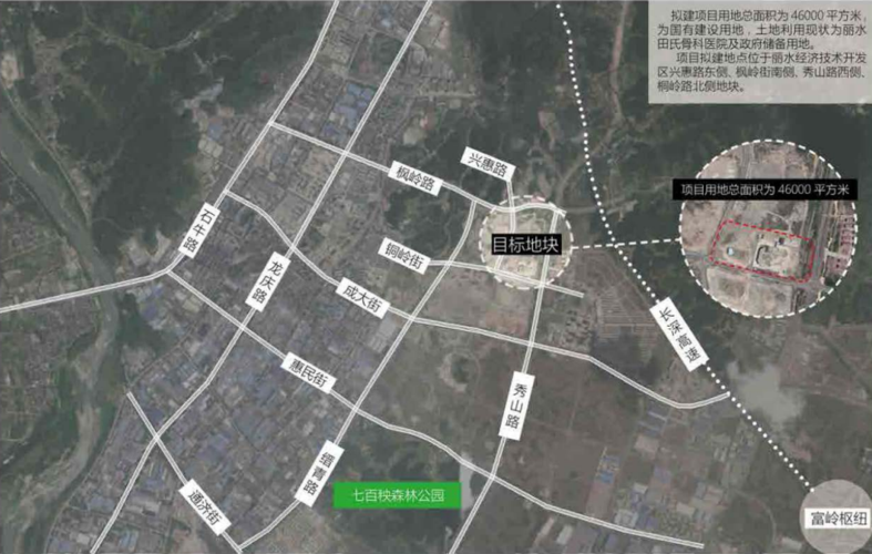 三医院位于丽水市水阁经济开发区七百秧区块,南临桐岭路,西侧为兴惠路