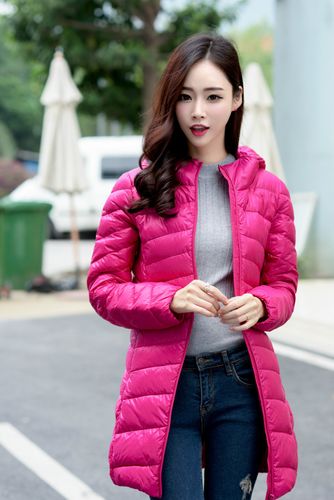 2017新款韩版羽绒服女轻薄款连帽修身大码90绒中长款外套厂家直批