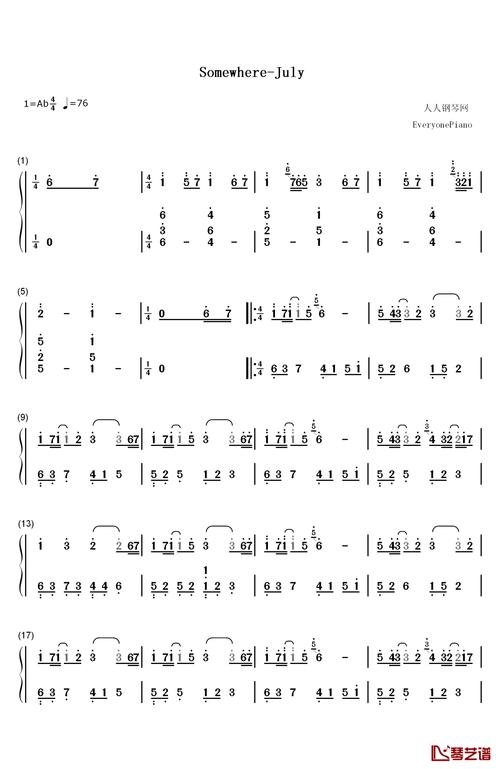 somewhere钢琴简谱-数字双手-july