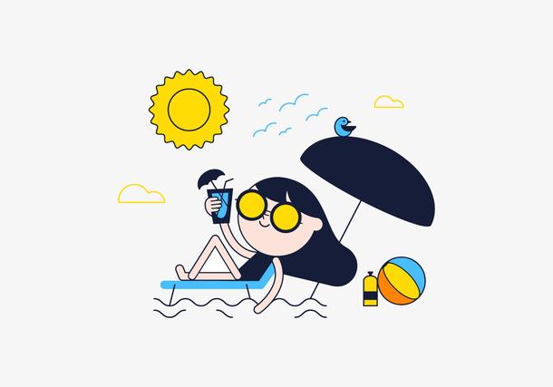 卡通海边晒太阳