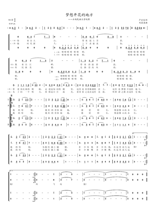 云南民族大学校歌 梦想开花的地方(一页版)