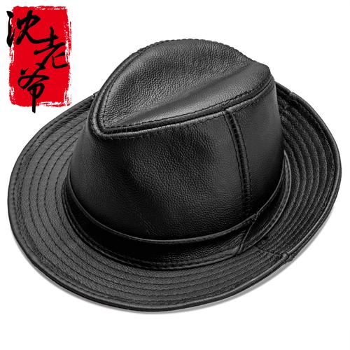 上海滩帽真皮绅士帽子英伦复古爵士男士牛皮帽中老年老头牛仔礼帽