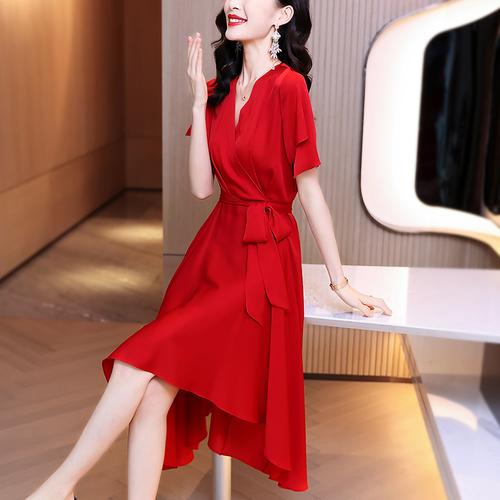 红色礼服宴会气质修身贵夫人高端真丝新款2021连衣裙