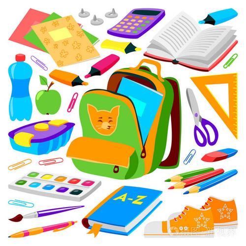 书包背包装满用品儿童文具拉链教育袋矢量图插画-正版