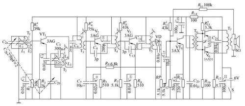 六管超外差式晶体管收音机电路原理图(.表示未定值)35.