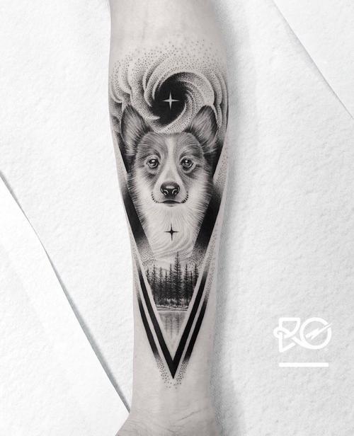 小臂黑灰几何风狗狗纹身图案